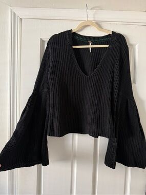 Free People Textured Black Knit Sweater w/ Belled Sleeves